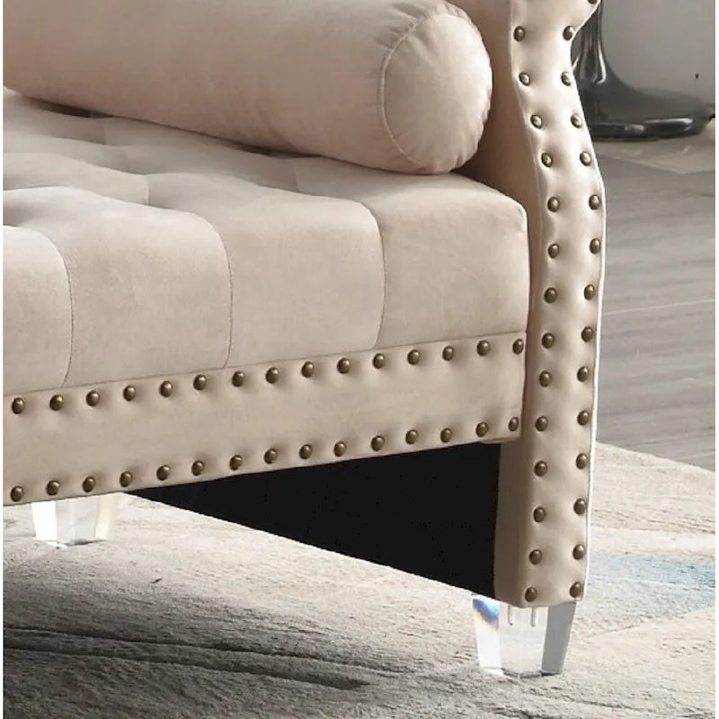 Banc capitonné surdimensionné en velours de 180 cm avec accoudoirs roulés et pieds en acrylique