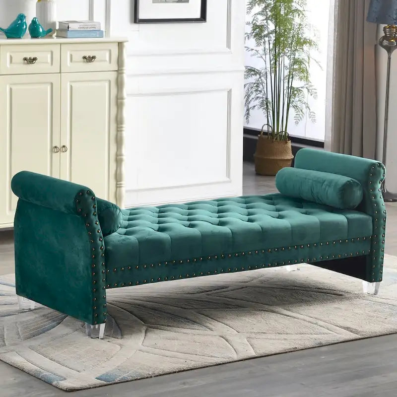 Banc capitonné surdimensionné en velours de 180 cm avec accoudoirs roulés et pieds en acrylique