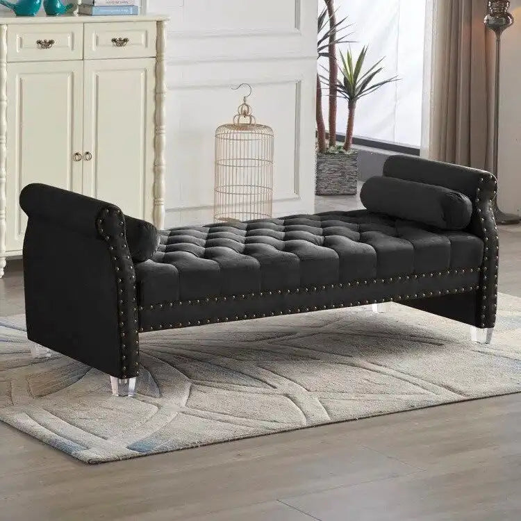 Banc capitonné surdimensionné en velours de 180 cm avec accoudoirs roulés et pieds en acrylique