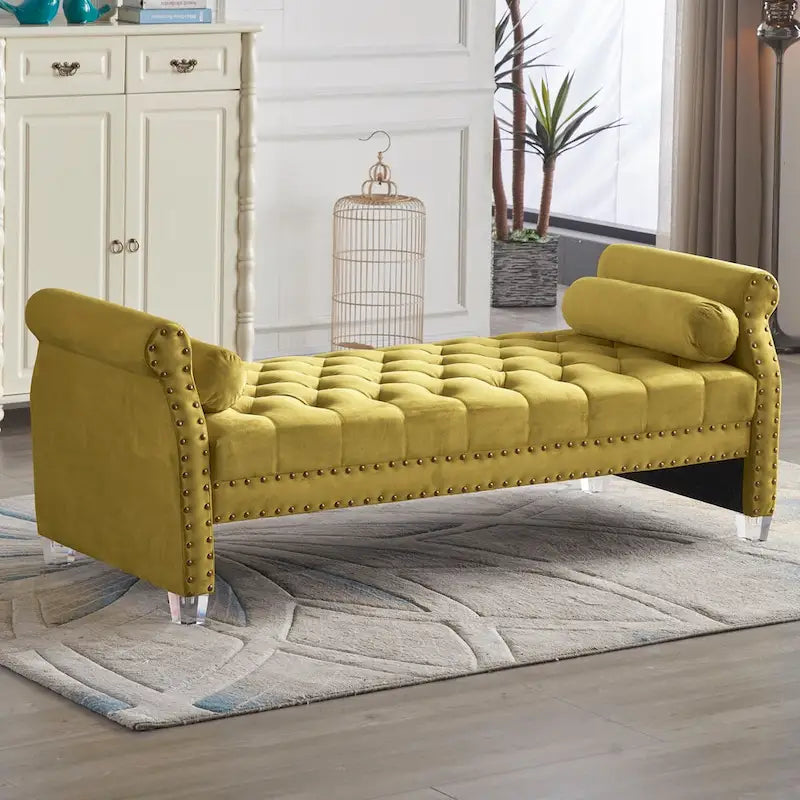 Banc capitonné surdimensionné en velours de 180 cm avec accoudoirs roulés et pieds en acrylique