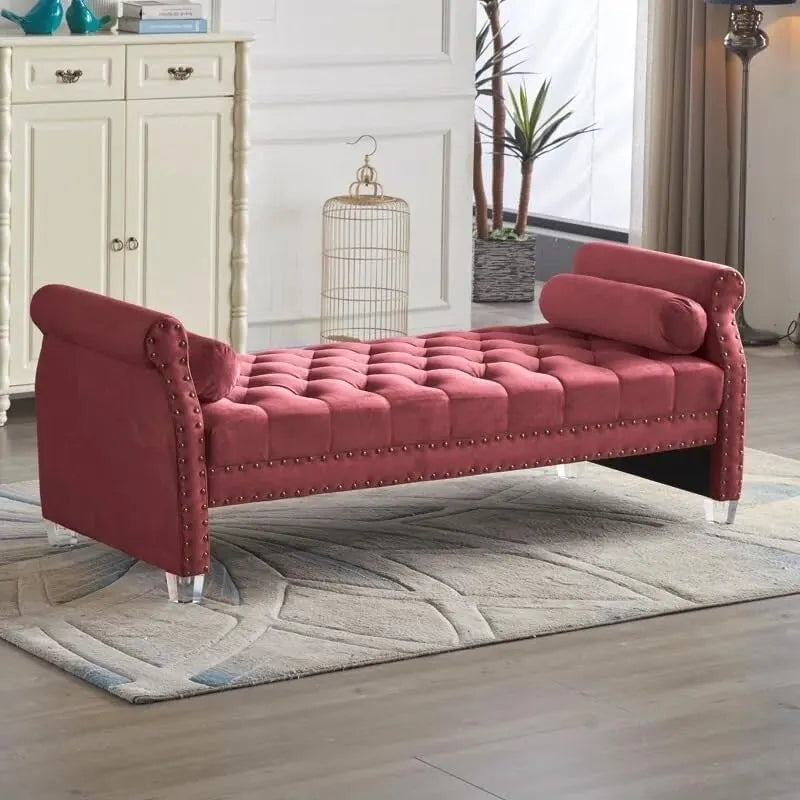 Banc capitonné surdimensionné en velours de 180 cm avec accoudoirs roulés et pieds en acrylique