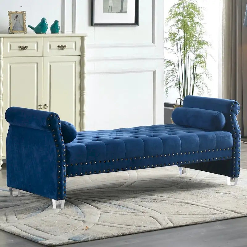 Banc capitonné surdimensionné en velours de 180 cm avec accoudoirs roulés et pieds en acrylique