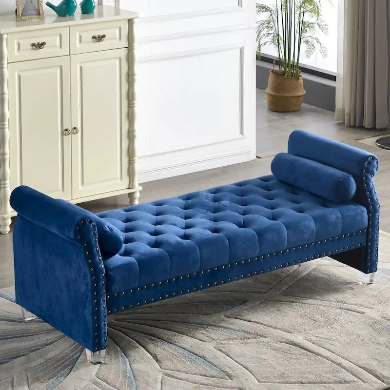 Banc capitonné surdimensionné en velours de 180 cm avec accoudoirs roulés et pieds en acrylique