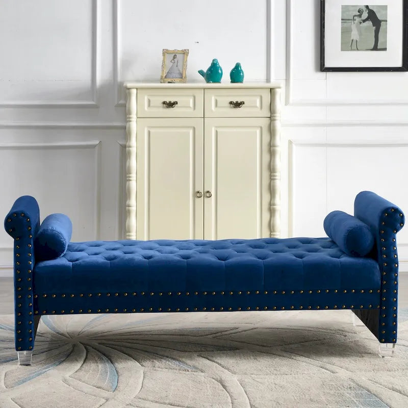Banc capitonné surdimensionné en velours de 180 cm avec accoudoirs roulés et pieds en acrylique