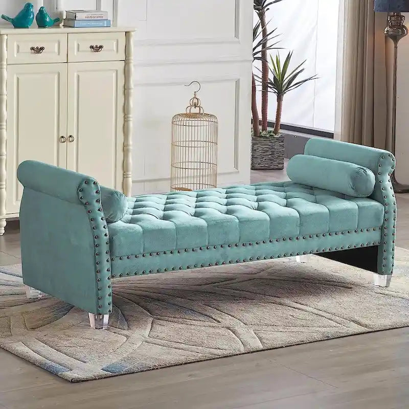 Banc capitonné surdimensionné en velours de 180 cm avec accoudoirs roulés et pieds en acrylique
