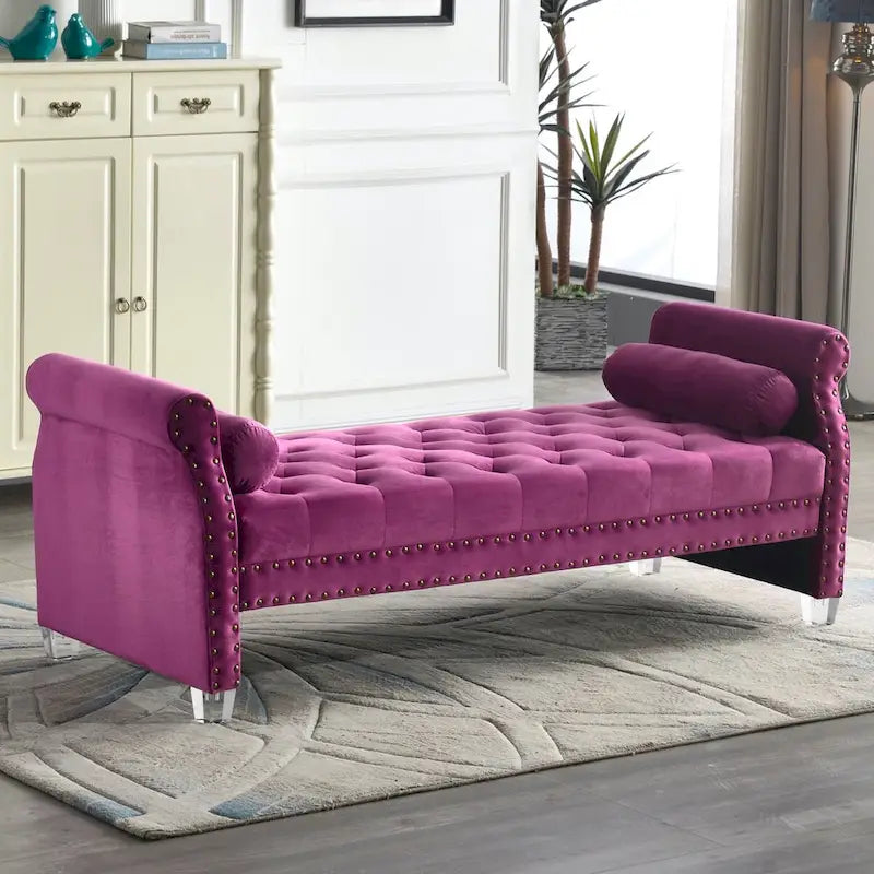 Banc capitonné surdimensionné en velours de 180 cm avec accoudoirs roulés et pieds en acrylique