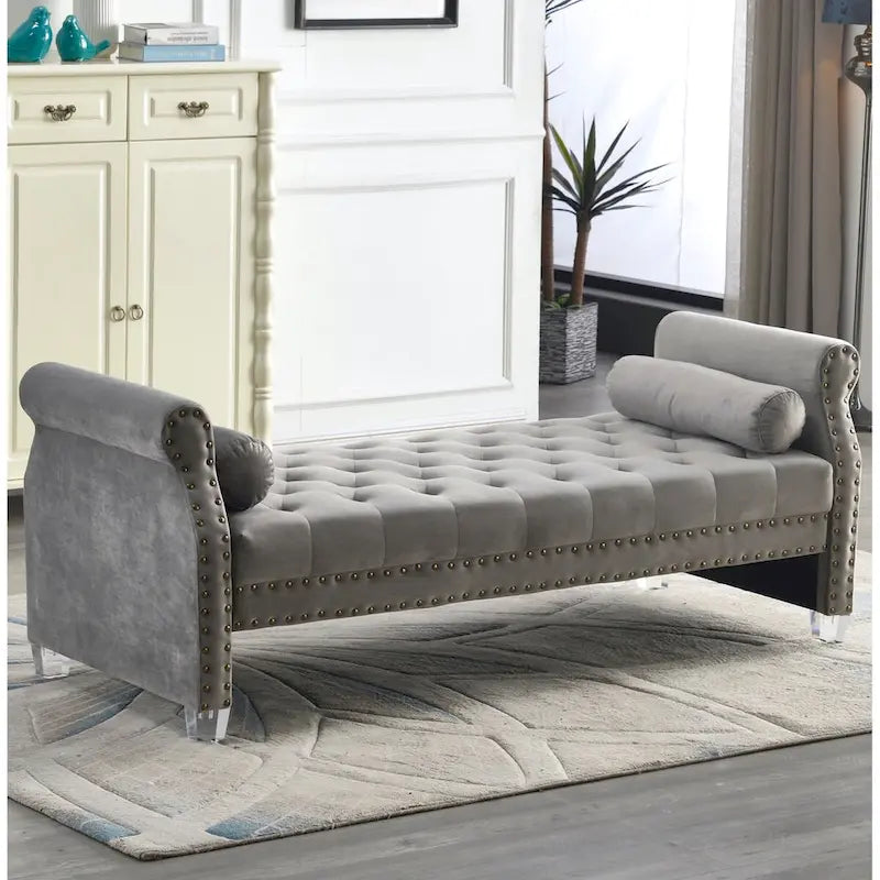 Banc capitonné surdimensionné en velours de 180 cm avec accoudoirs roulés et pieds en acrylique