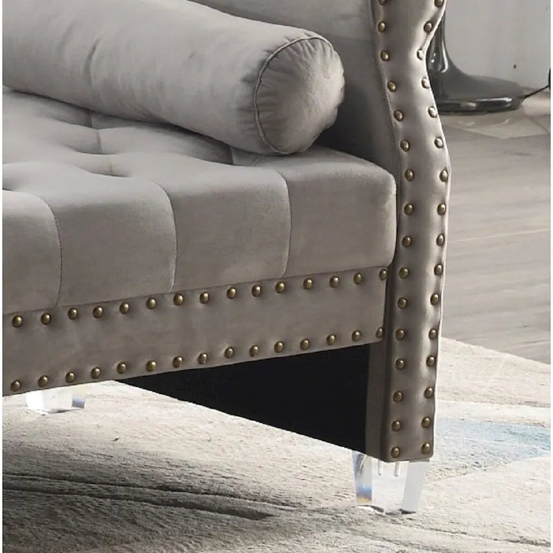 Banc capitonné surdimensionné en velours de 180 cm avec accoudoirs roulés et pieds en acrylique