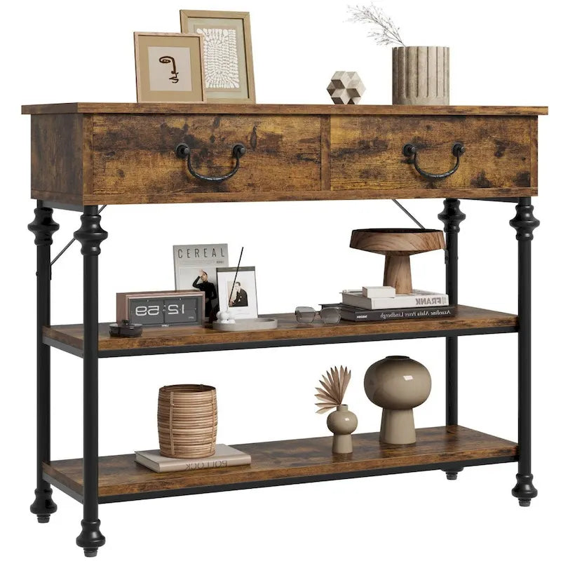 Console industrielle vintage avec 2 tiroirs et 2 étagères