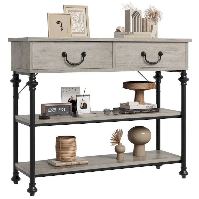 Console industrielle vintage avec 2 tiroirs et 2 étagères