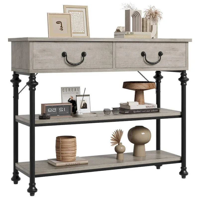 Console industrielle vintage avec 2 tiroirs et 2 étagères