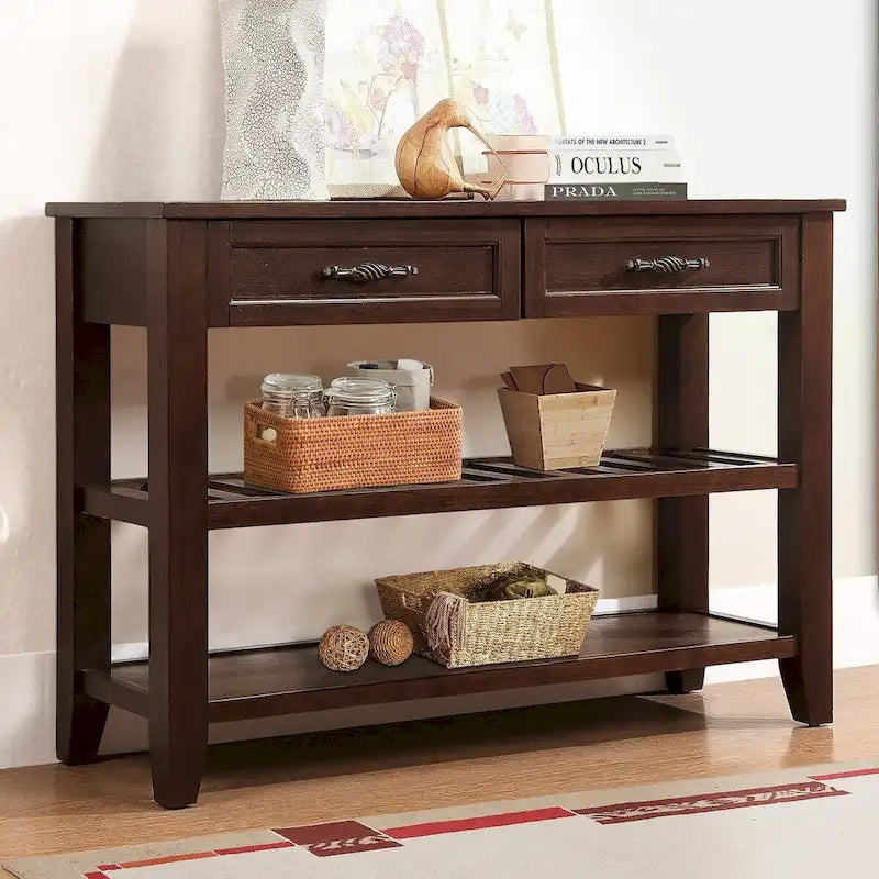 Console de 42 po avec 2 tiroirs et 2 étagères ouvertes – Cadre en bois massif, style rustique