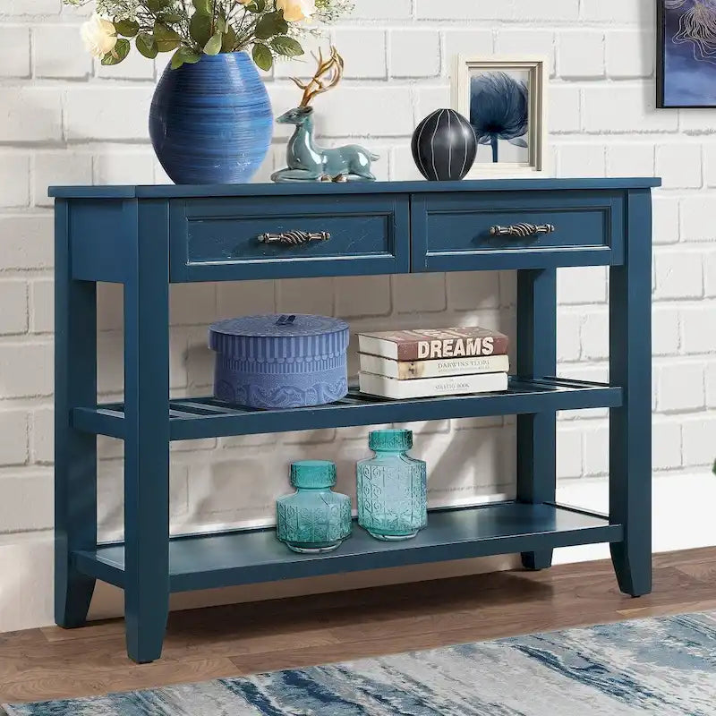 Console de 42 po avec 2 tiroirs et 2 étagères ouvertes – Cadre en bois massif, style rustique