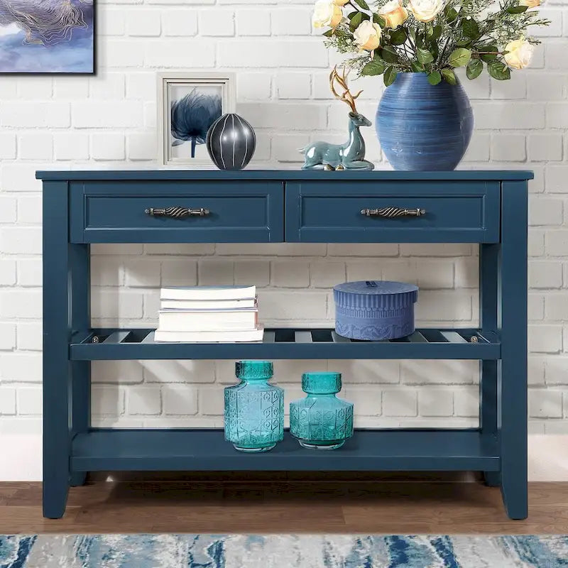 Console de 42 po avec 2 tiroirs et 2 étagères ouvertes – Cadre en bois massif, style rustique
