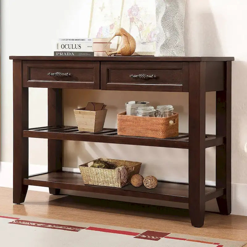 Console de 42 po avec 2 tiroirs et 2 étagères ouvertes – Cadre en bois massif, style rustique