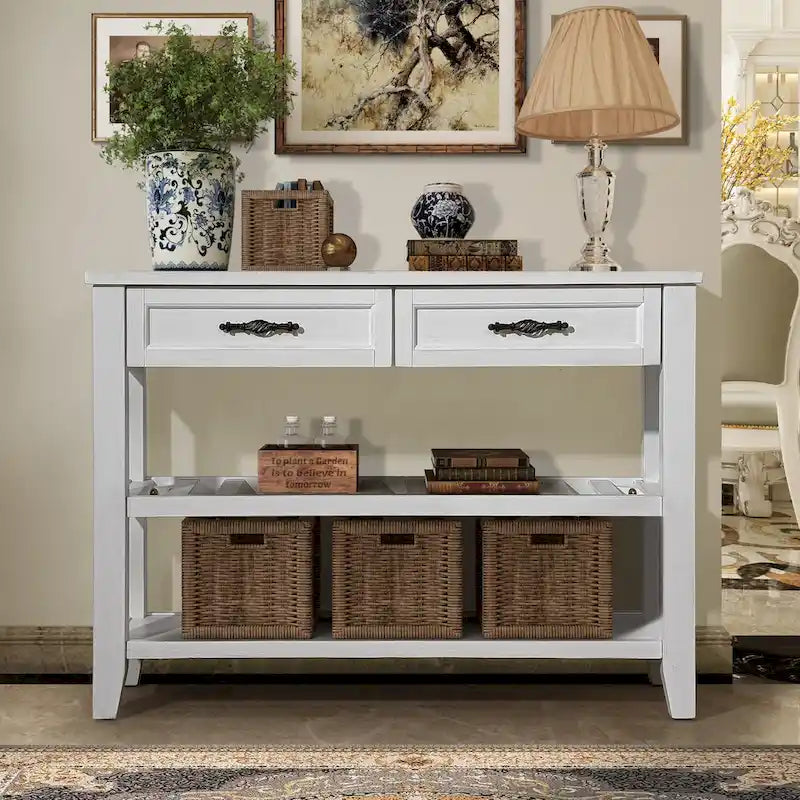 Console de 42 po avec 2 tiroirs et 2 étagères ouvertes – Cadre en bois massif, style rustique