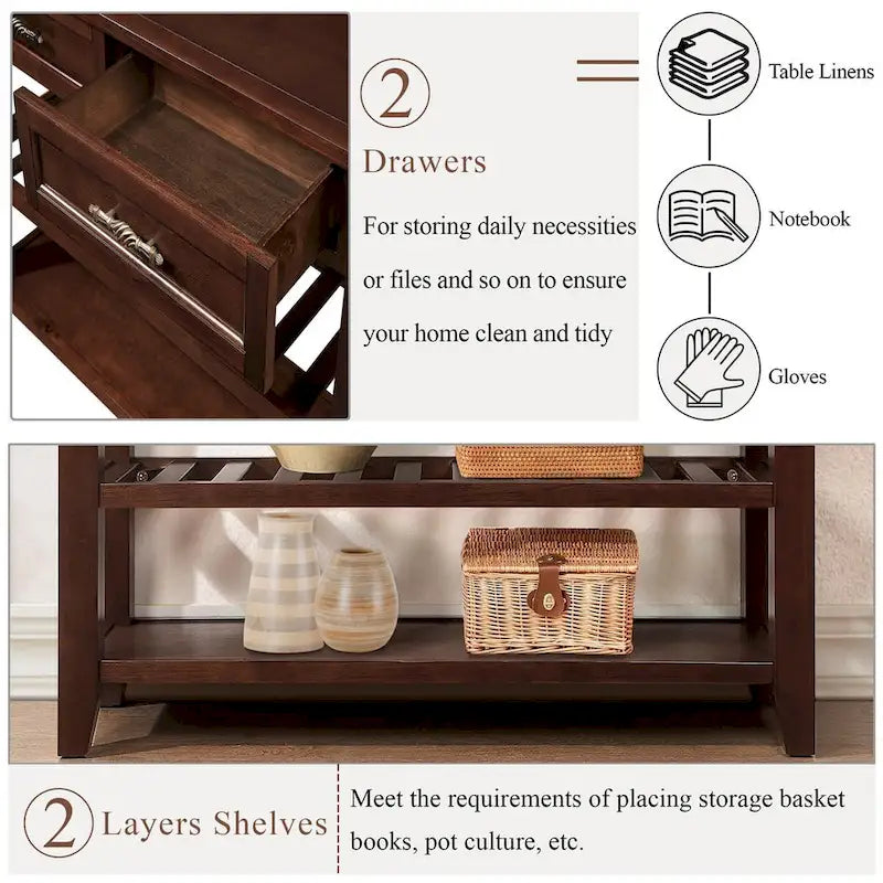 Console de 42 po avec 2 tiroirs et 2 étagères ouvertes – Cadre en bois massif, style rustique