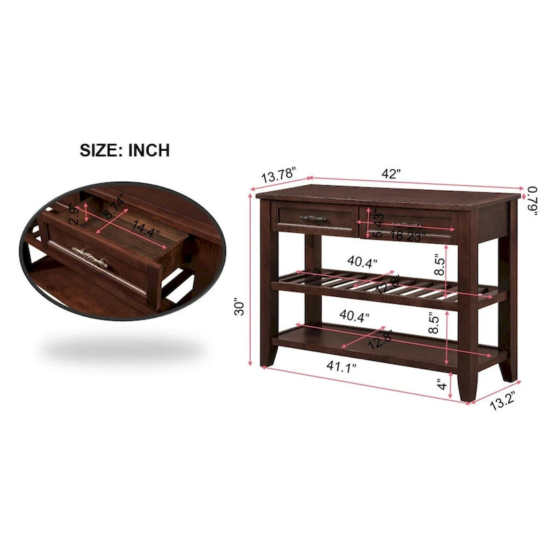 Console de 42 po avec 2 tiroirs et 2 étagères ouvertes – Cadre en bois massif, style rustique
