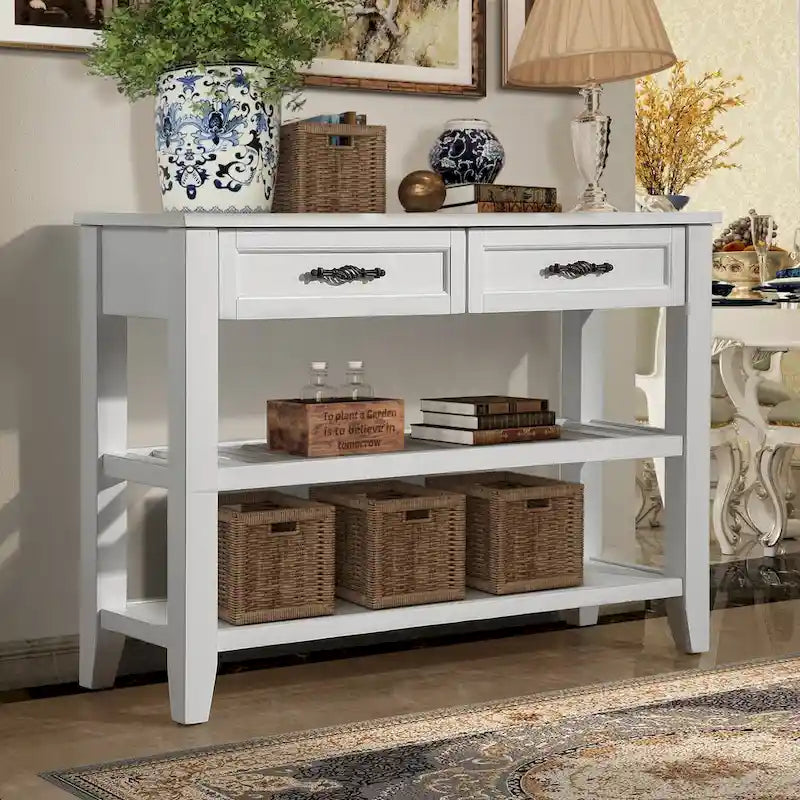 Console de 42 po avec 2 tiroirs et 2 étagères ouvertes – Cadre en bois massif, style rustique