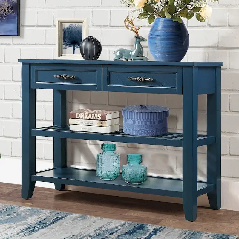 Console de 42 po avec 2 tiroirs et 2 étagères ouvertes – Cadre en bois massif, style rustique