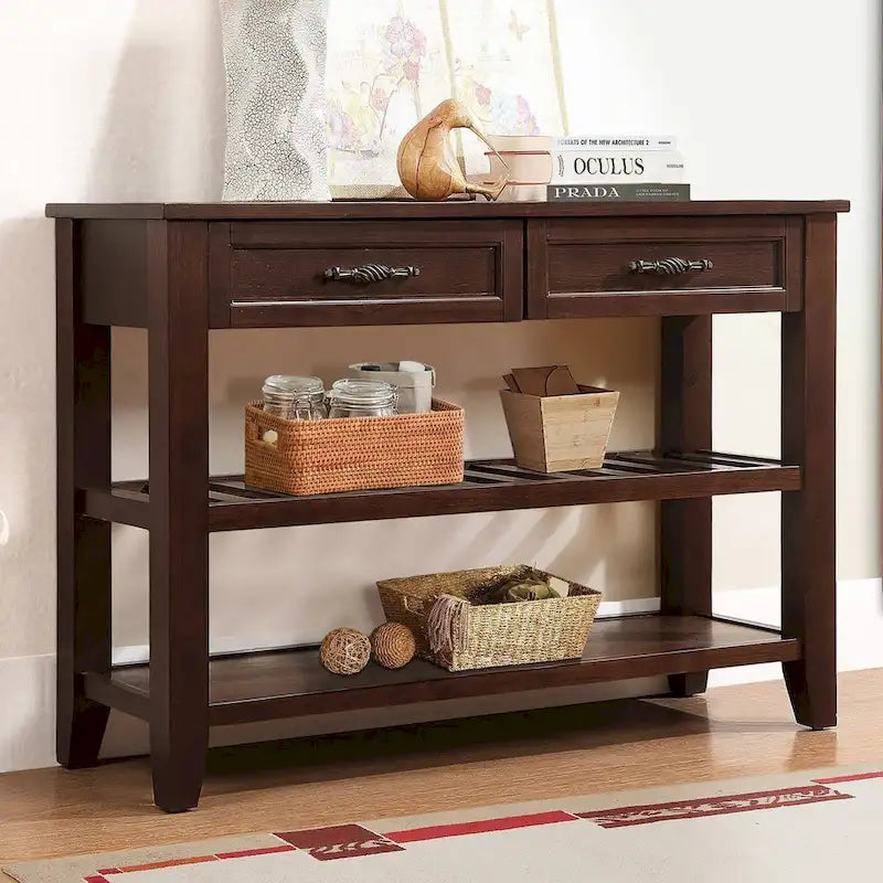 Console de 42 po avec 2 tiroirs et 2 étagères ouvertes – Cadre en bois massif, style rustique