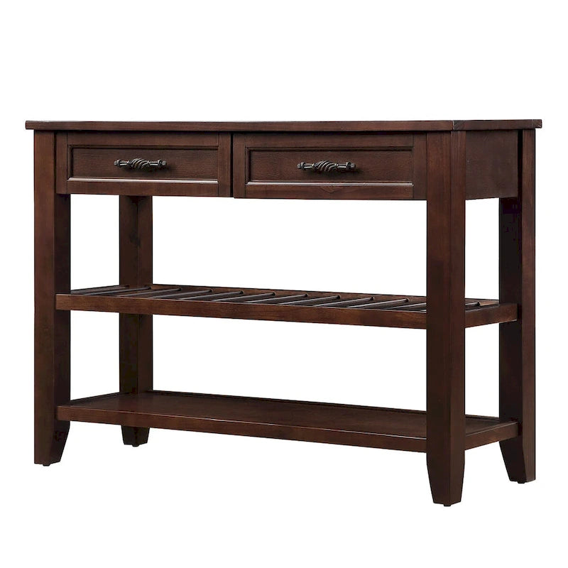 Console de 42 po avec 2 tiroirs et 2 étagères ouvertes – Cadre en bois massif, style rustique