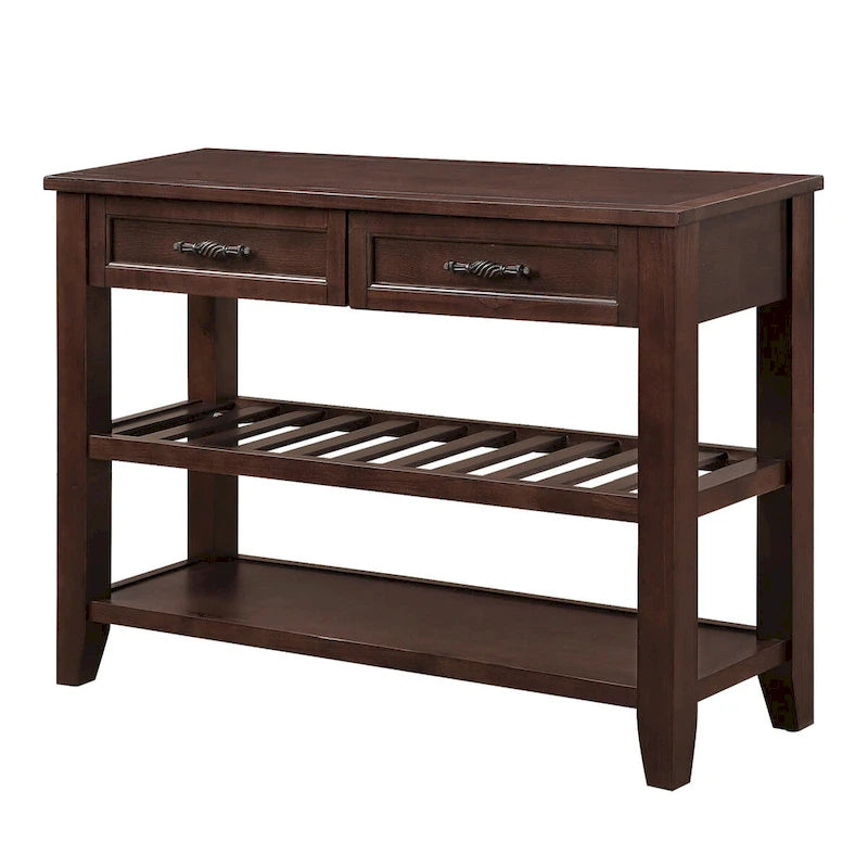 Console de 42 po avec 2 tiroirs et 2 étagères ouvertes – Cadre en bois massif, style rustique