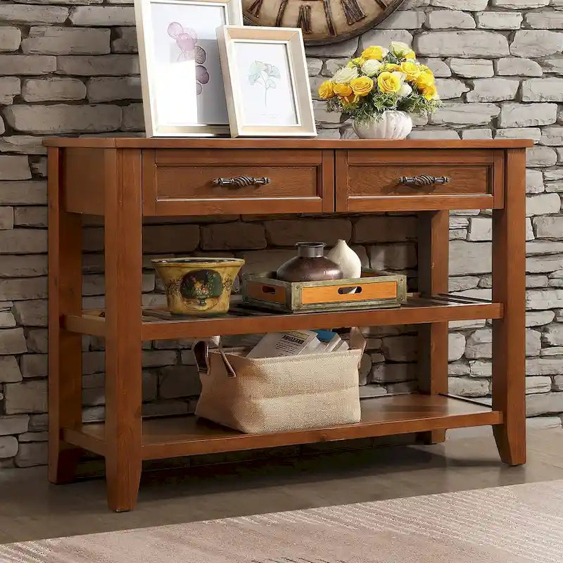 Console de 42 po avec 2 tiroirs et 2 étagères ouvertes – Cadre en bois massif, style rustique
