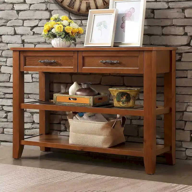 Console de 42 po avec 2 tiroirs et 2 étagères ouvertes – Cadre en bois massif, style rustique
