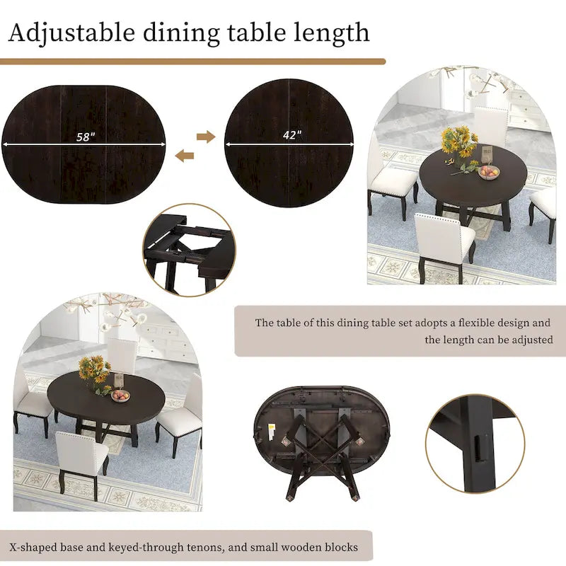 Table à manger ronde extensible avec rallonge – 4 à 6 places, plateau en placage de chêne