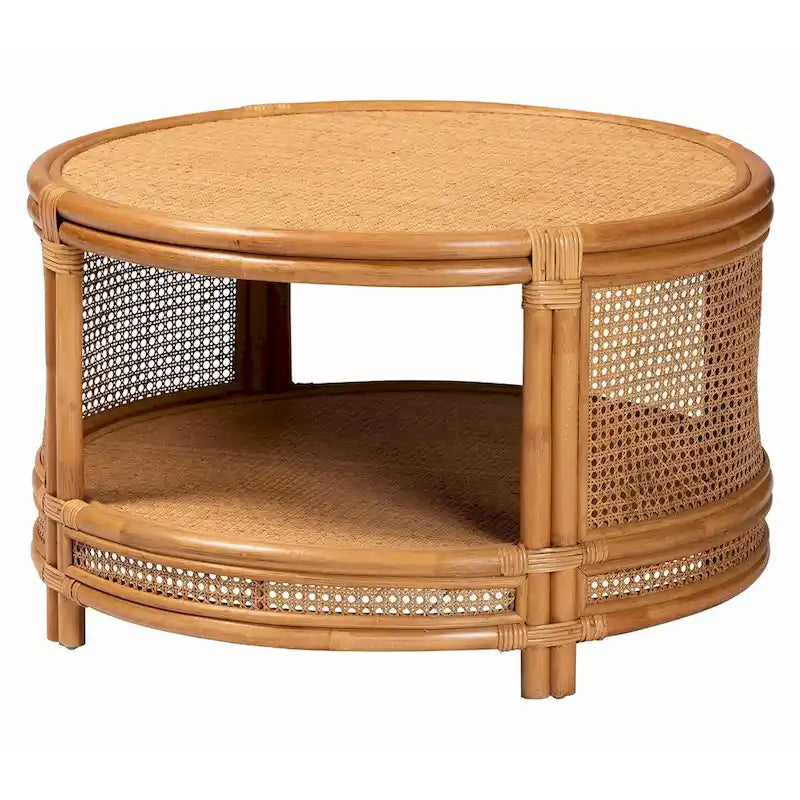 Table basse ronde en rotin naturel avec étagère ouverte – Salon Bohème