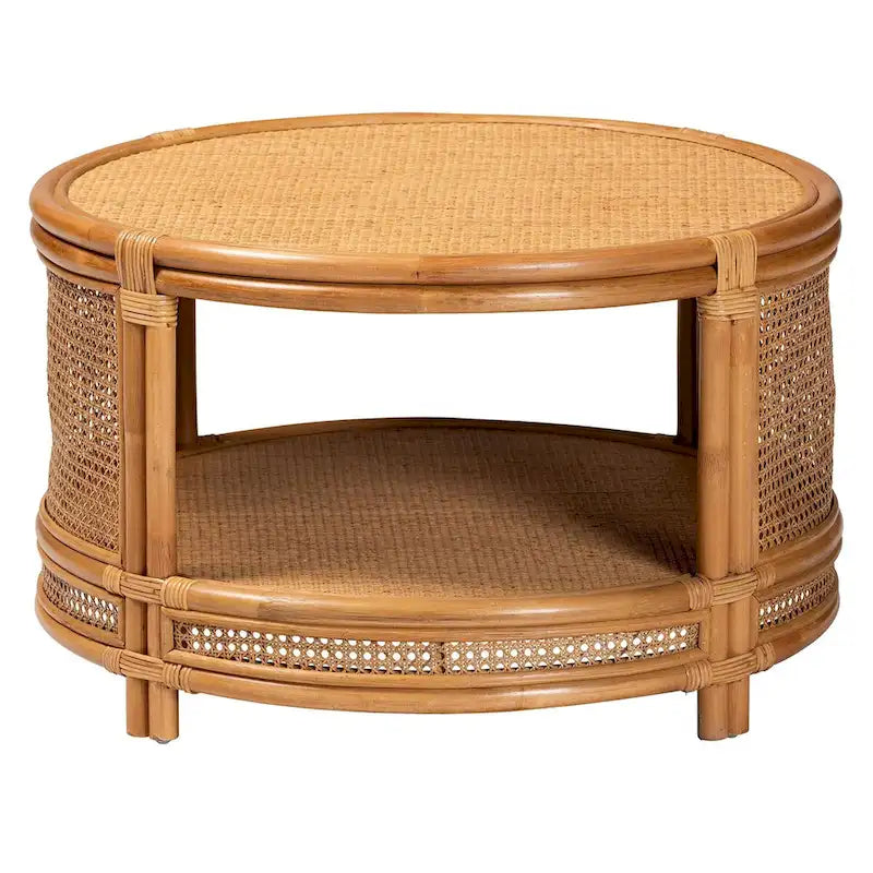 Table basse ronde en rotin naturel avec étagère ouverte – Salon Bohème