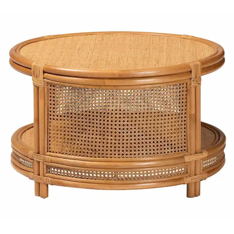 Table basse ronde en rotin naturel avec étagère ouverte – Salon Bohème