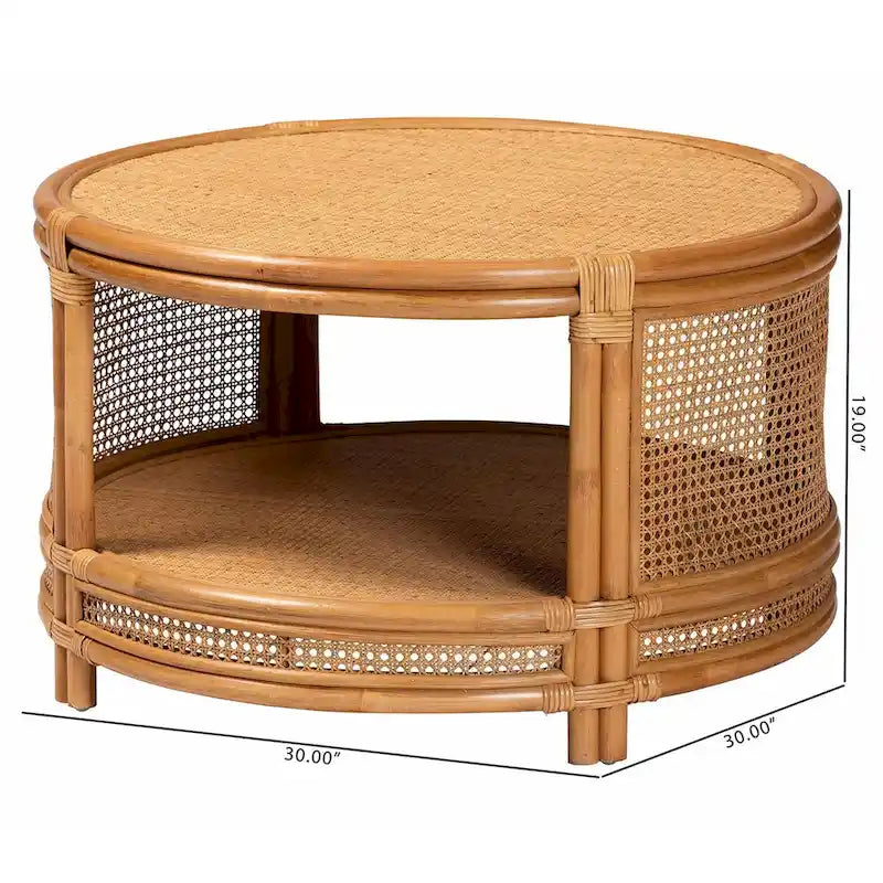 Table basse ronde en rotin naturel avec étagère ouverte – Salon Bohème