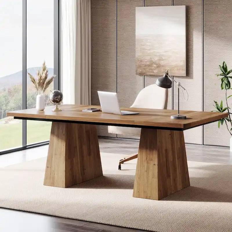 Grand bureau de direction de 160 cm avec finition grain de bois et piètement à caissons