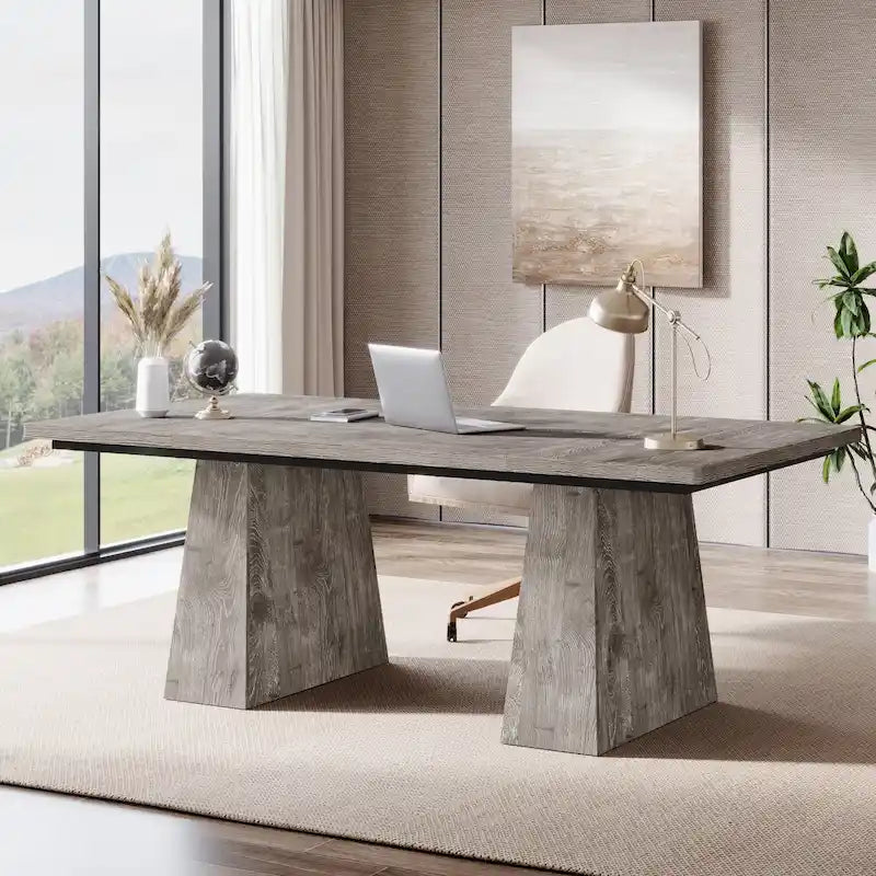 Grand bureau de direction de 160 cm avec finition grain de bois et piètement à caissons
