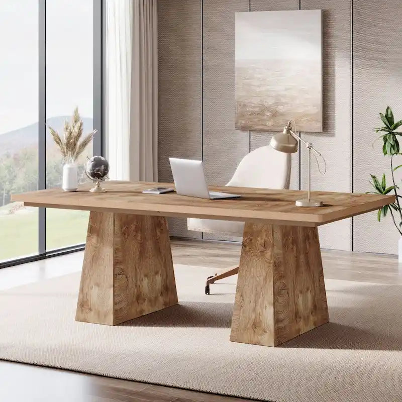 Grand bureau de direction de 160 cm avec finition grain de bois et piètement à caissons