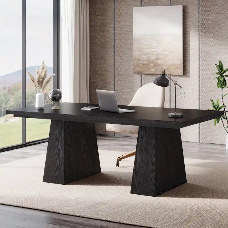 Grand bureau de direction de 160 cm avec finition grain de bois et piètement à caissons