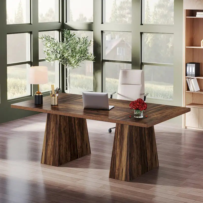 Grand bureau de direction de 160 cm avec finition grain de bois et piètement à caissons