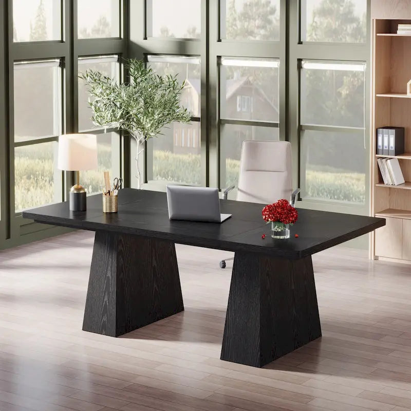 Grand bureau de direction de 160 cm avec finition grain de bois et piètement à caissons