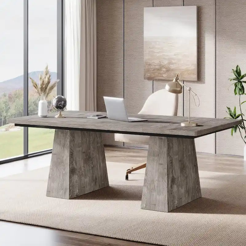 Grand bureau de direction de 160 cm avec finition grain de bois et piètement à caissons