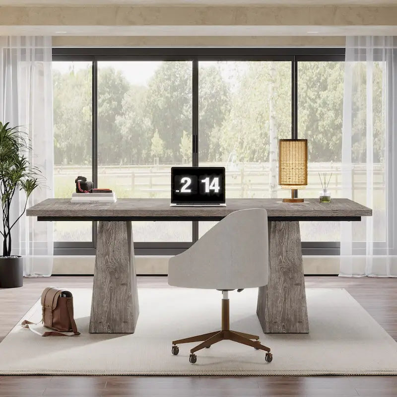 Grand bureau de direction de 160 cm avec finition grain de bois et piètement à caissons