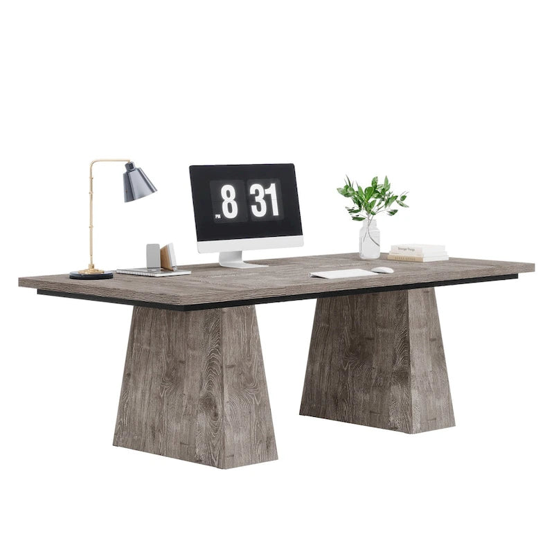 Grand bureau de direction de 160 cm avec finition grain de bois et piètement à caissons