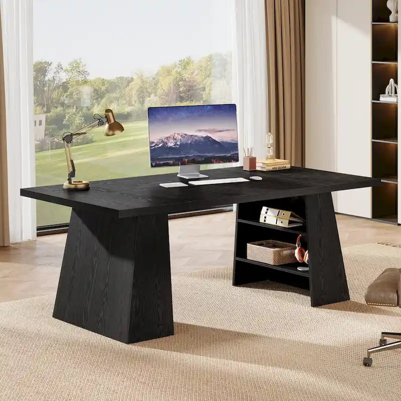Grand bureau de direction de 160 cm avec finition grain de bois et piètement à caissons