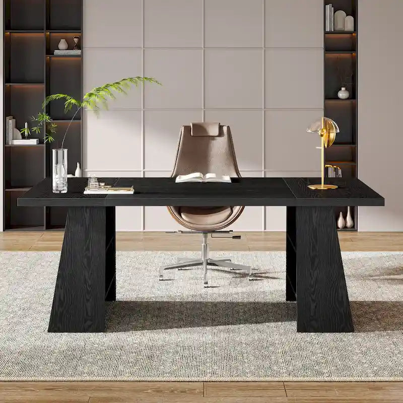 Grand bureau de direction de 160 cm avec finition grain de bois et piètement à caissons