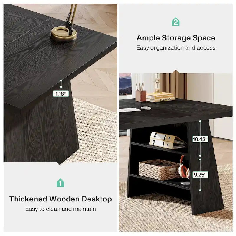 Grand bureau de direction de 160 cm avec finition grain de bois et piètement à caissons
