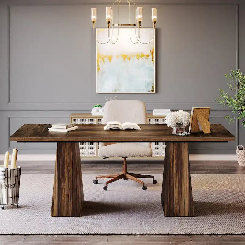 Grand bureau de direction de 160 cm avec finition grain de bois et piètement à caissons
