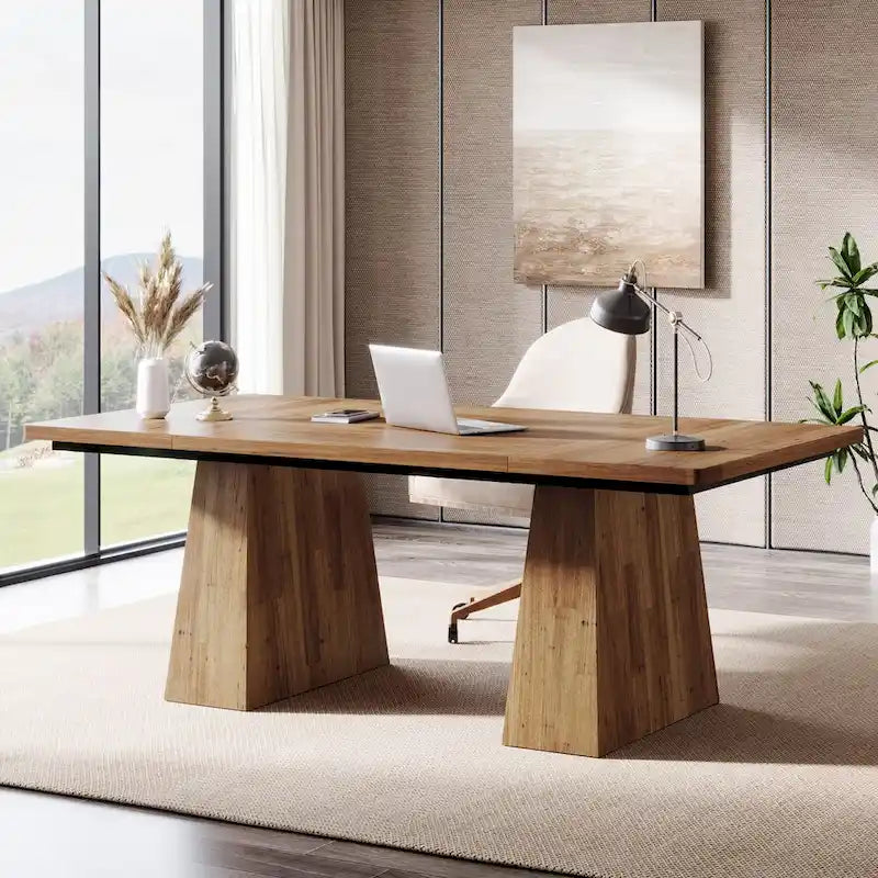 Grand bureau de direction de 160 cm avec finition grain de bois et piètement à caissons