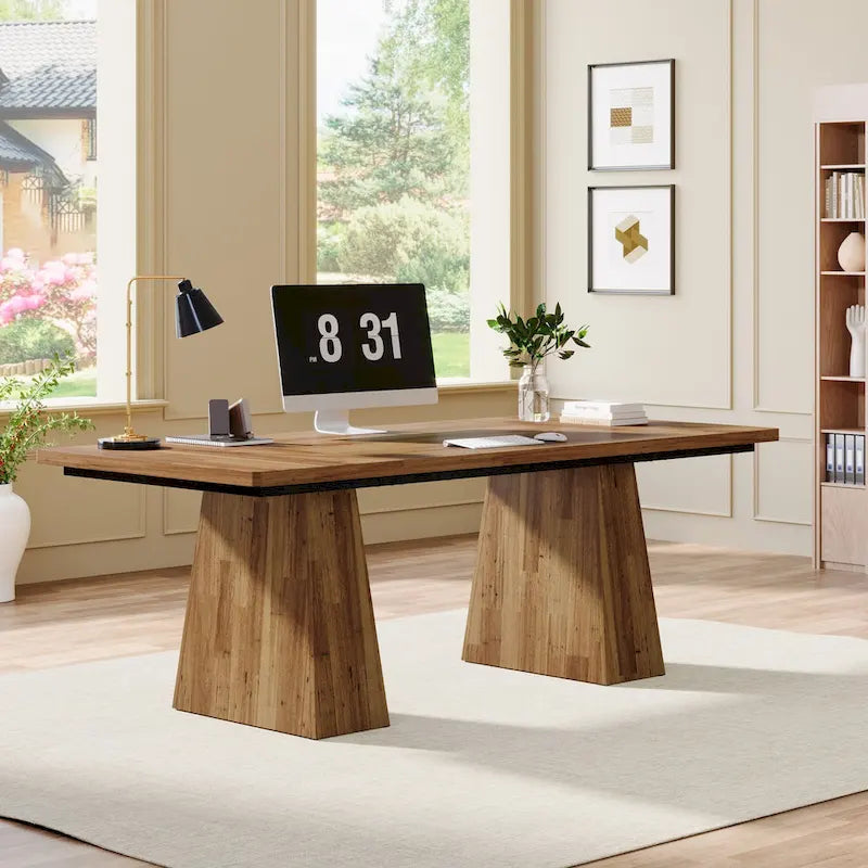 Grand bureau de direction de 160 cm avec finition grain de bois et piètement à caissons