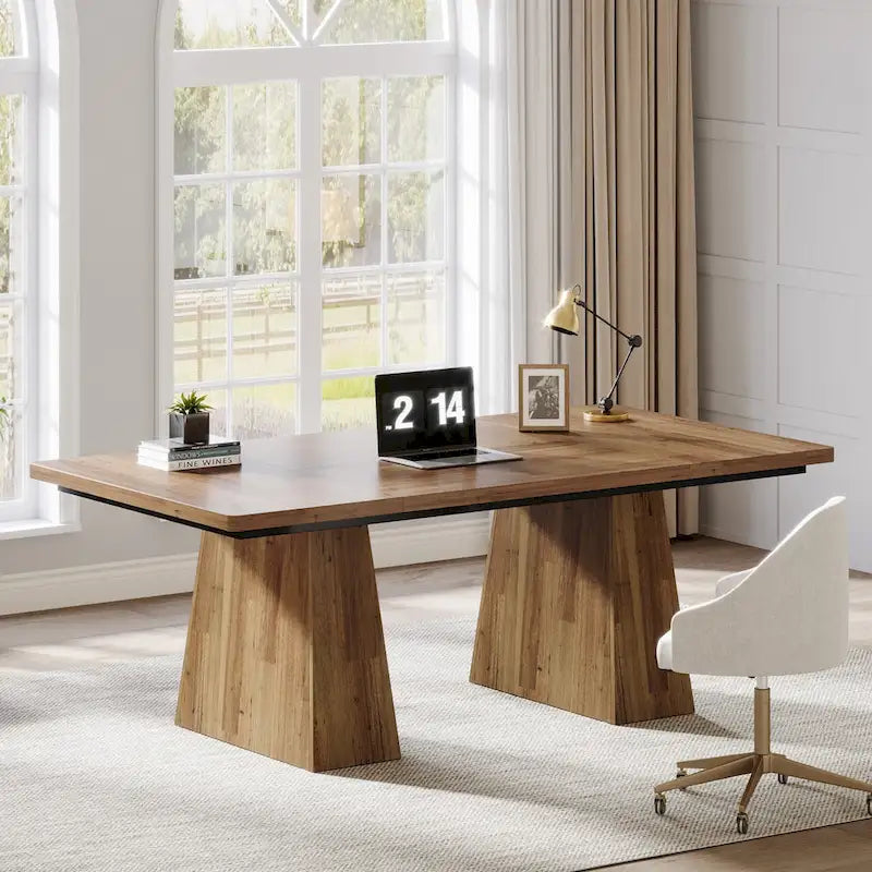 Grand bureau de direction de 160 cm avec finition grain de bois et piètement à caissons